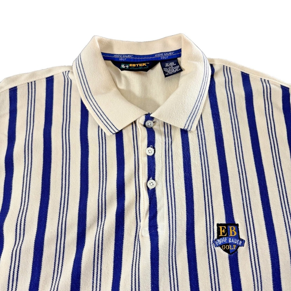 Vintage 90s Eddie Bauer Golf Shirt Mens Large Striped Ebtek Polo Blue Ivory